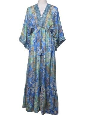 New Collection Bohemian Multicolor V-Neck Maxi Dress with Tie Waist
